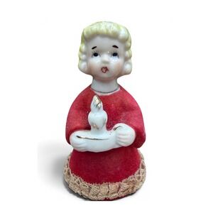 Vintage 1950s Japan Christmas Caroler Girl Figurine Red Flocked Dress Lace Trim